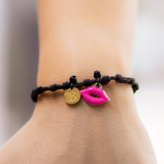 Black knotted bracelet with lips charm in black, red or pink (personalised). Choose your initial & your colour lips