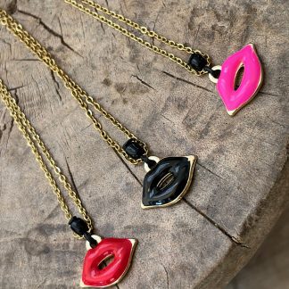 Gold chain with lip charm in red pink or black, with black bead or evil eye bead